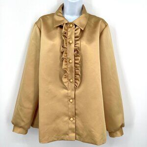 Vintage 70s Gold Women's Tuxedo  Blouse  with Ruffle Size L-XL